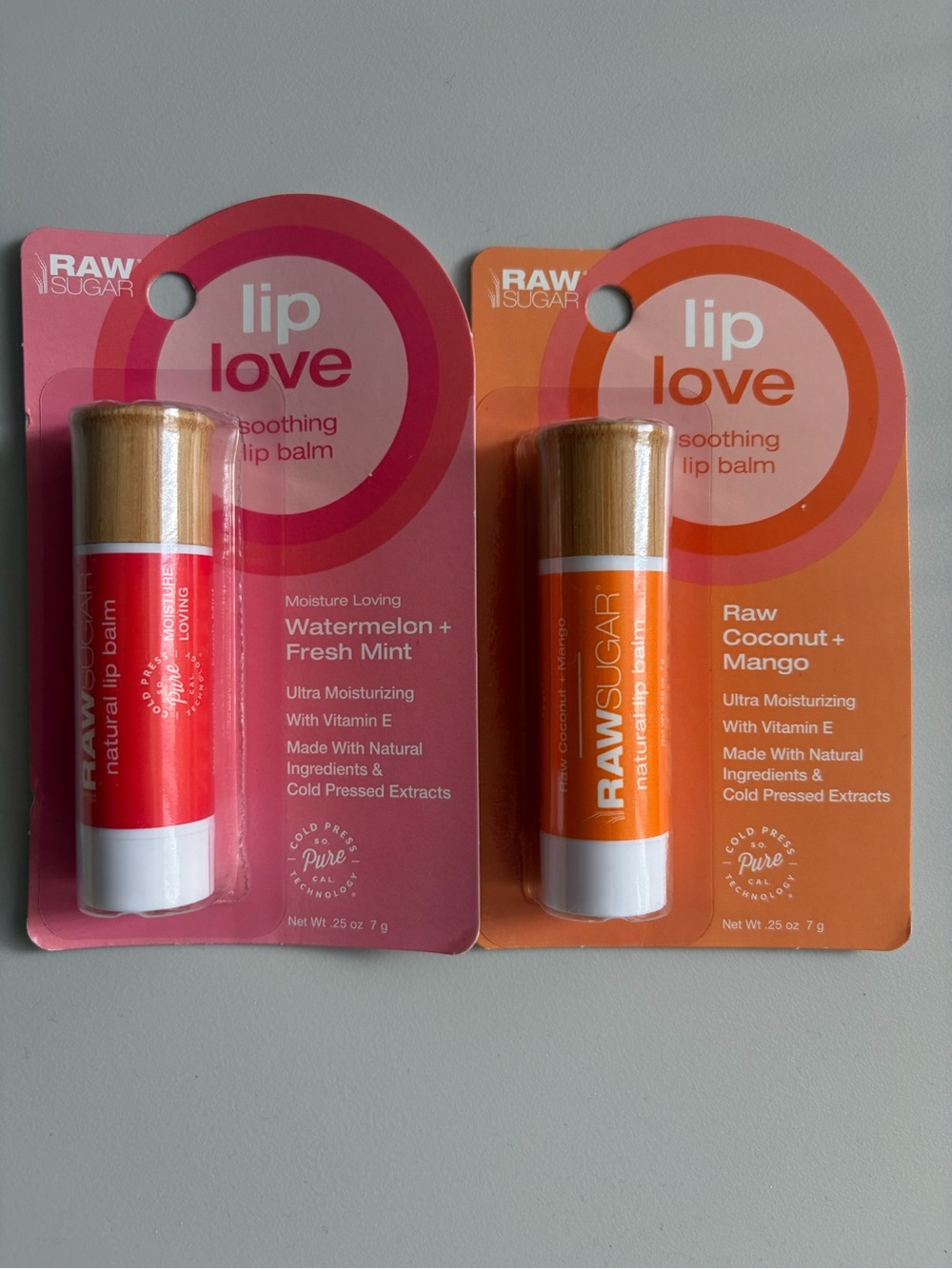 2 Raw Sugar Lip Love Lip Balms-Coconut Mango, Watermelon Mint